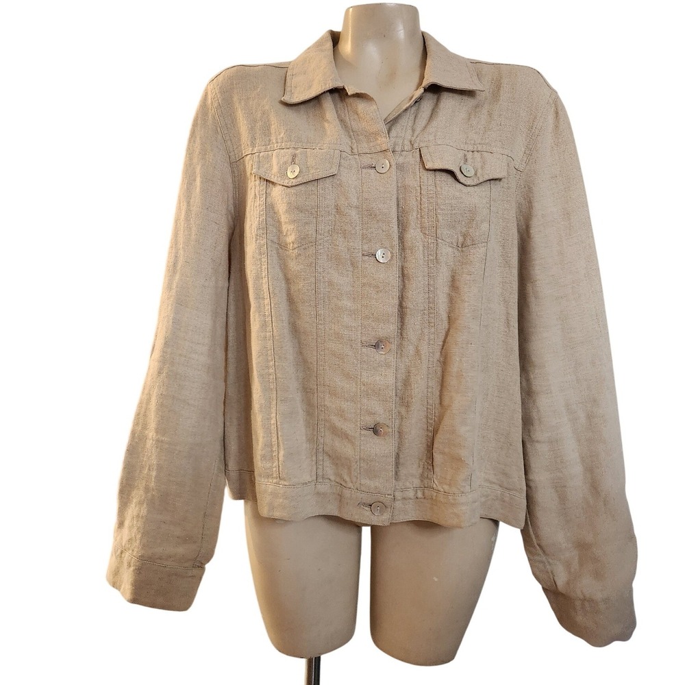 Charter Club Tan Beige 100% Linen Button Front Trucker Jacket Womens XL beach